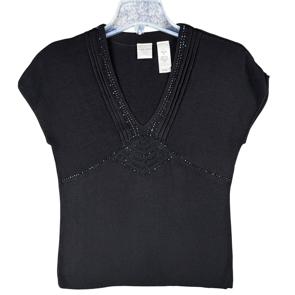 Emma James Women Petite M Black Sweater Top V-Neck Beaded Silk Blend Classic